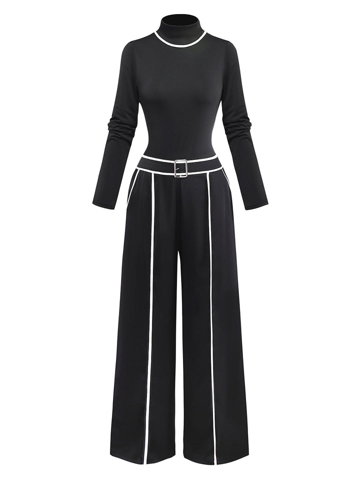 2PCS Black 1930s Binding Stand Collar Knitted Top &amp; Wide-Leg Pants - vintage fashion, style, classic black