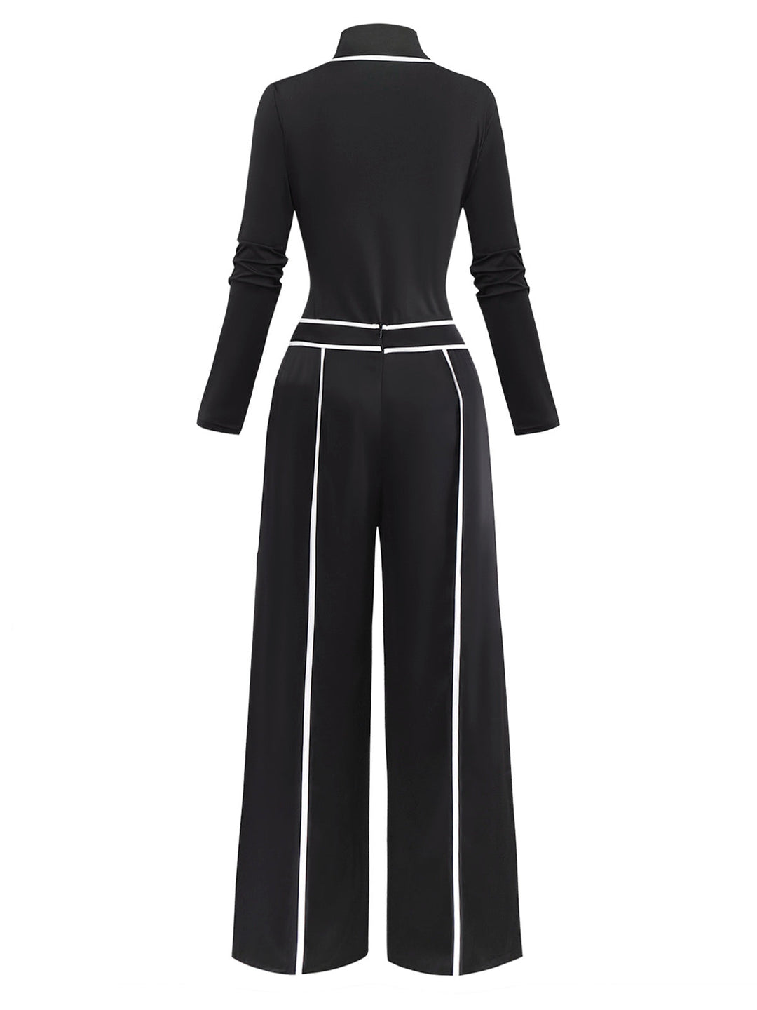2PCS Black 1930s Binding Stand Collar Knitted Top &amp; Wide-Leg Pants - vintage fashion, style, classic black