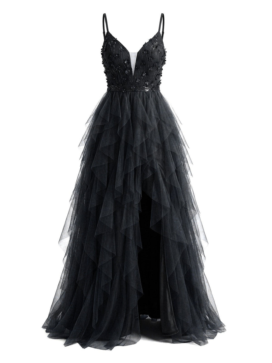 1930s Appliques Tulle Glitter Slit Tiered Prom Dress - vintage dress, retro fashion, elegant red