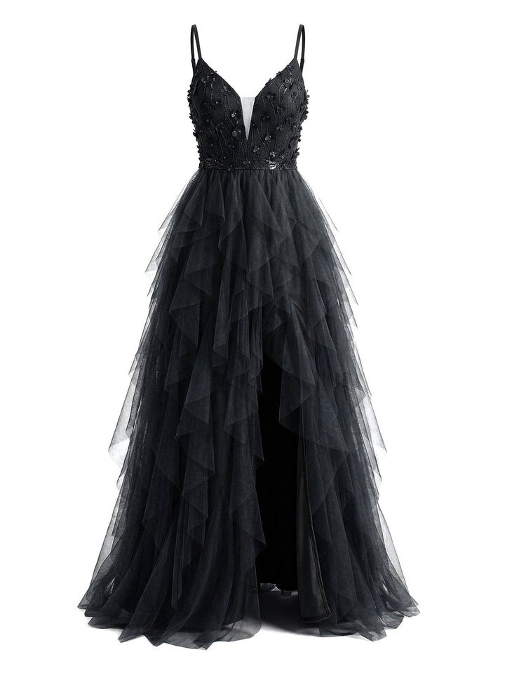 1930s Appliques Tulle Glitter Slit Tiered Prom Dress - vintage dress, retro fashion, elegant red
