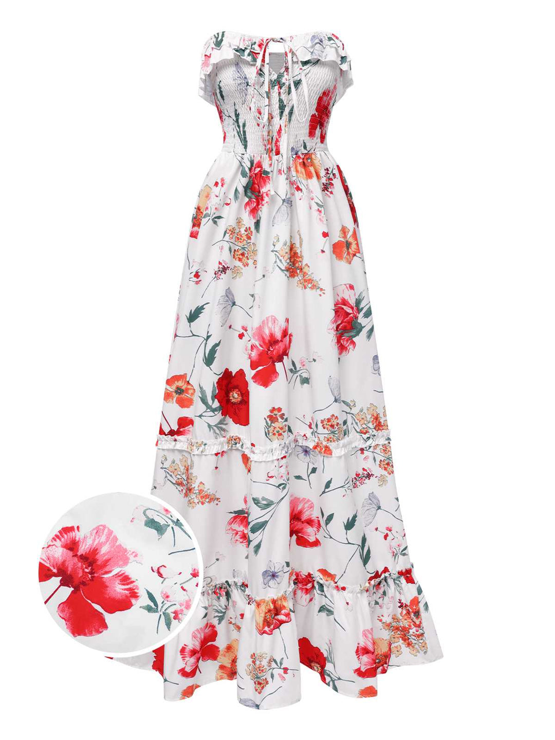 She slips into this 1930s Bandeau Floral Tiered Ruffle Hem Dress and suddenly it&