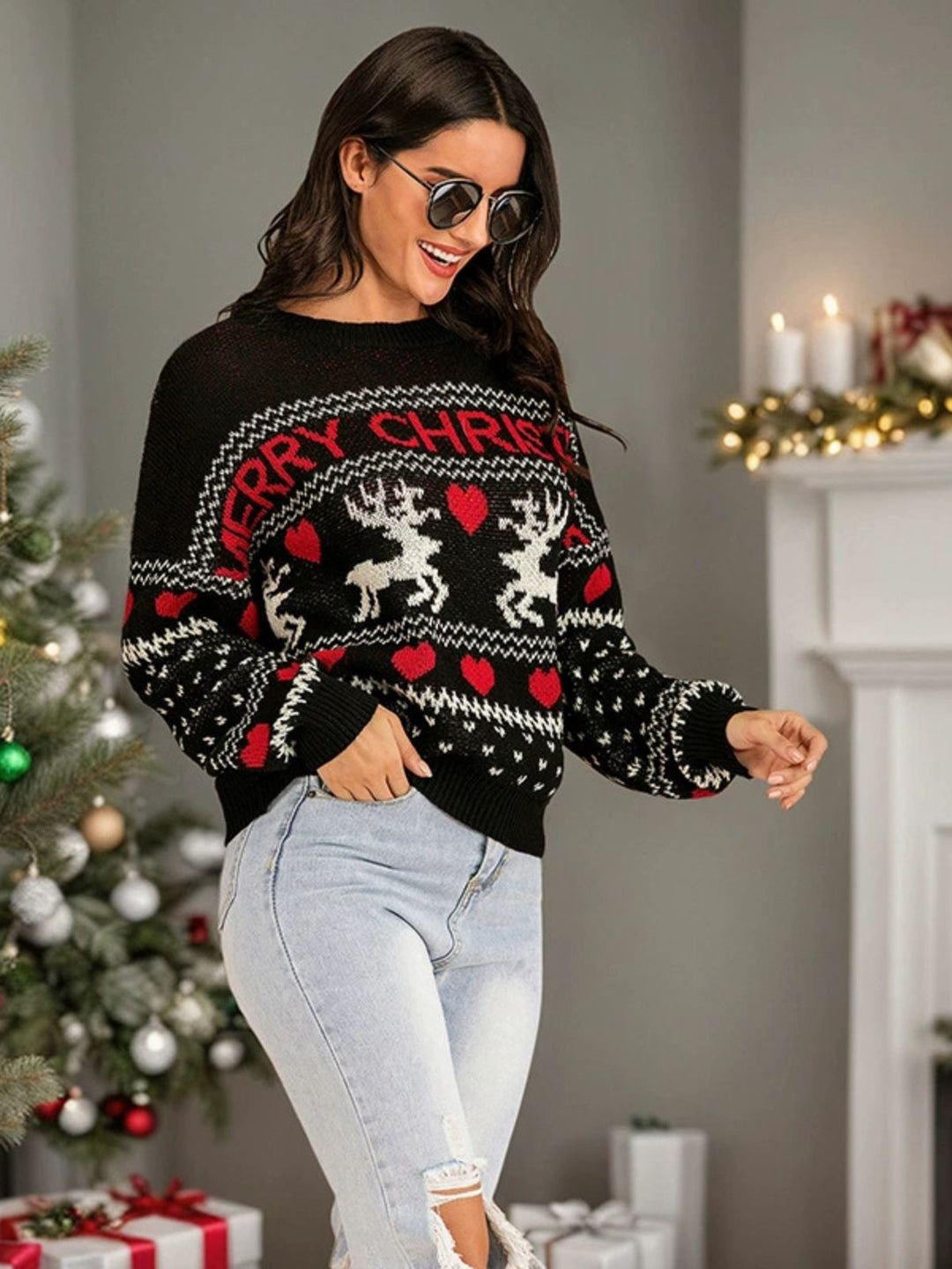 Black 1930s Merry Christmas Reindeer Hearts Sweater - vintage fashion, retro style, classic black