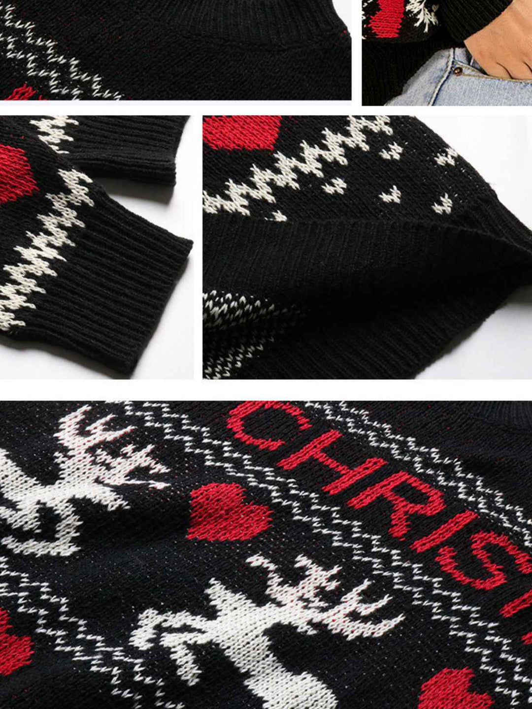 Black 1930s Merry Christmas Reindeer Hearts Sweater - vintage fashion, retro style, classic black