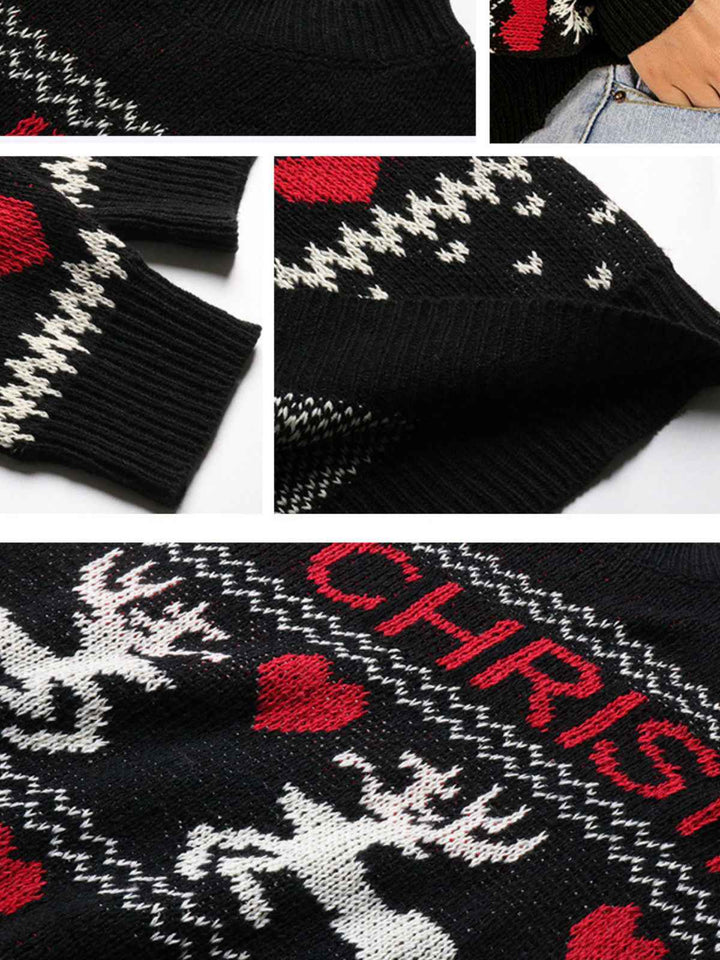 Black 1930s Merry Christmas Reindeer Hearts Sweater - vintage fashion, retro style, classic black
