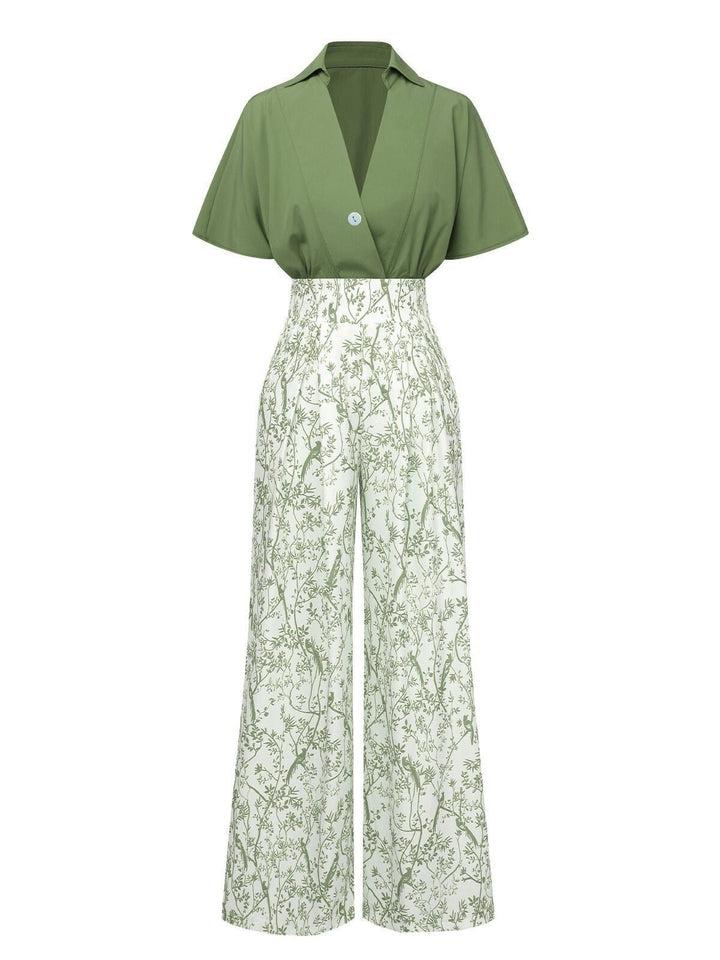 2PCS 1930s Dolman Sleeve Lapel Blouse &amp; Floral Pants - vintage fashion, retro style