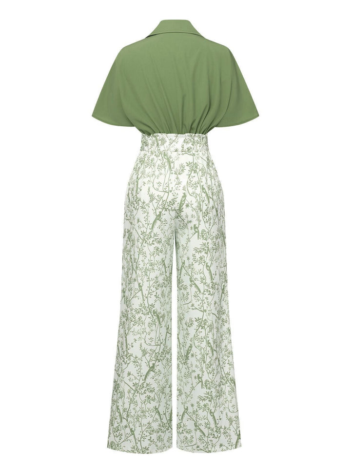2PCS 1930s Dolman Sleeve Lapel Blouse &amp; Floral Pants - vintage fashion, retro style