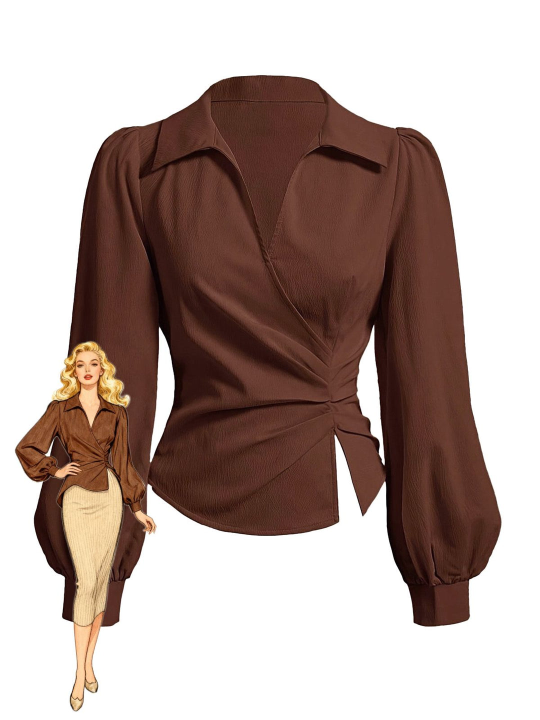 Coffee 1930s Lapel V-Neck Fitted Waist Lantern Sleeve Blouse - vintage fashion, retro style