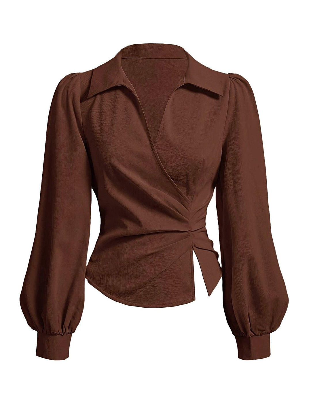 Coffee 1930s Lapel V-Neck Fitted Waist Lantern Sleeve Blouse - vintage fashion, retro style