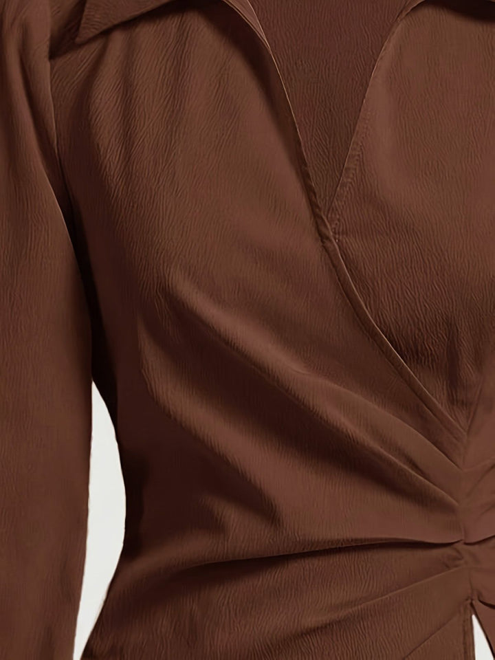 Coffee 1930s Lapel V-Neck Fitted Waist Lantern Sleeve Blouse - vintage fashion, retro style