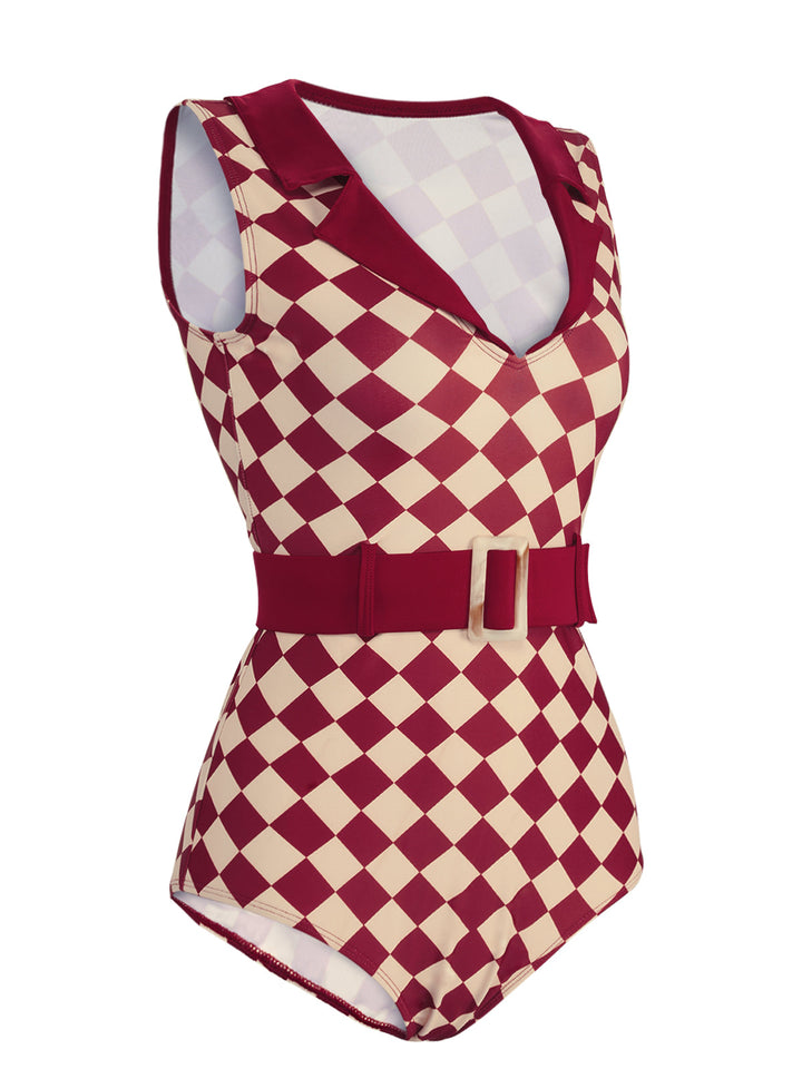 1930s Burgundy Diamond Lapel One-Piece Swimsuit: timeless style reimagined