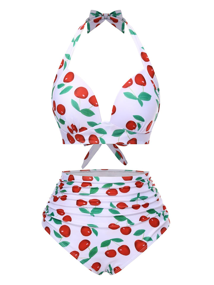 1930s Cherry Ruched Halter Bikini Set - vintage fashion, retro style