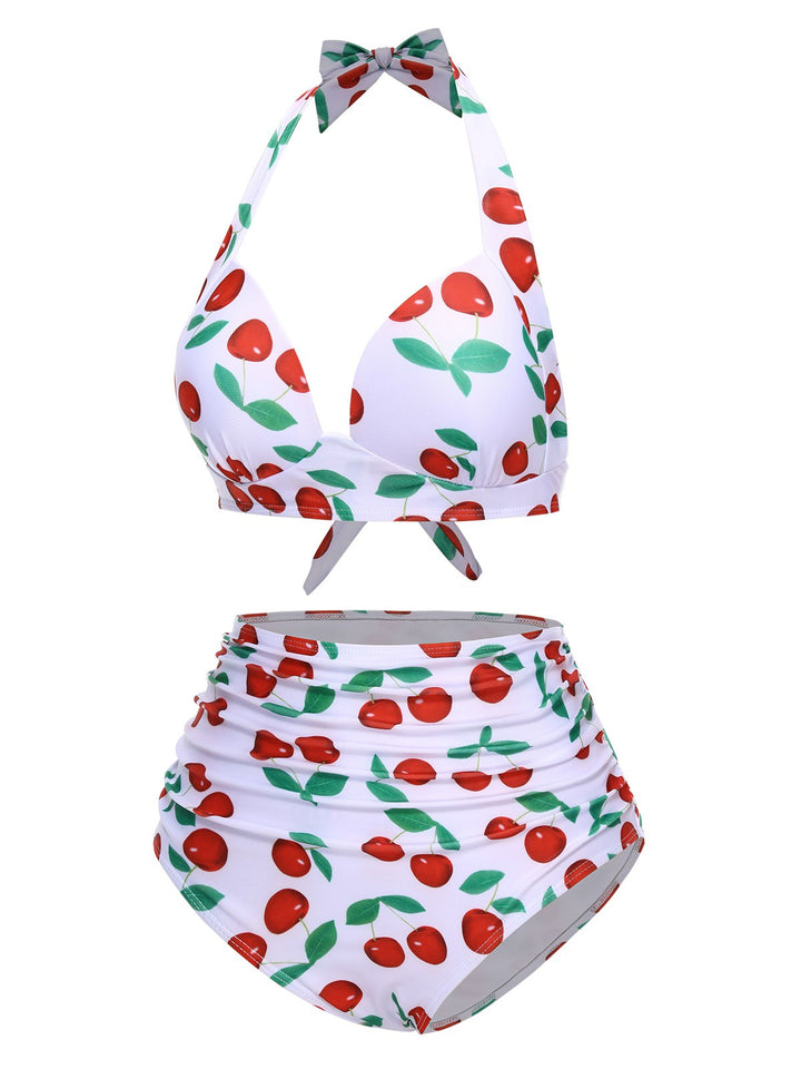 Side view: 1930s 1930s Red Cherry Ruched Halter Bi