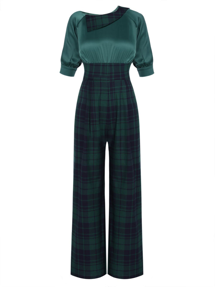 1930s Christmas Plaid Short Sleeved Jumpsuit — vintage elegance for the modern woman
