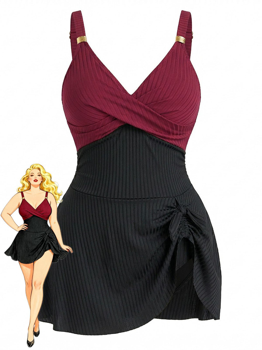 [Plus Size] 1930s Color Block Ribbed One-Piece Swimsuit