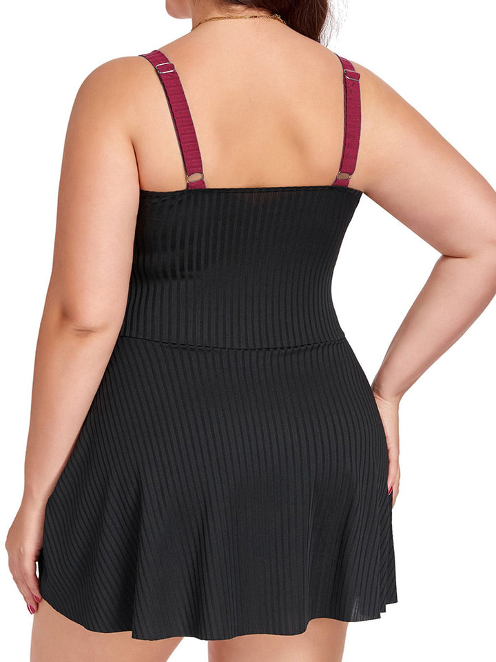 [Plus Size] 1930s Color Block Ribbed One-Piece Swimsuit