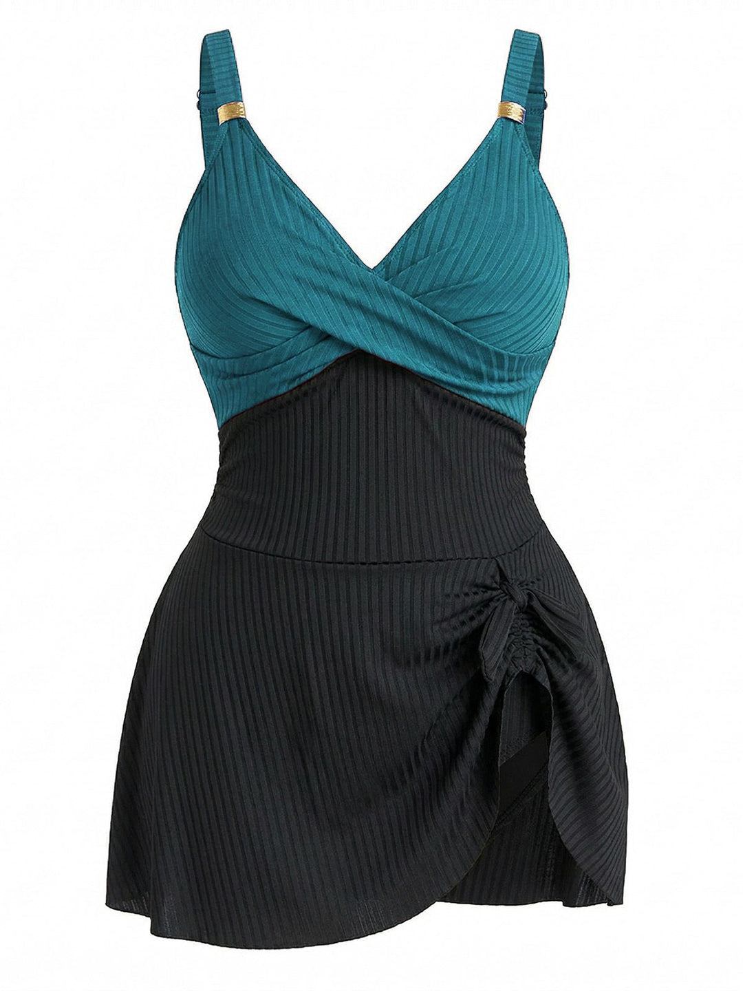 [Plus Size] 1930s Color Block Ribbed One-Piece Swimsuit