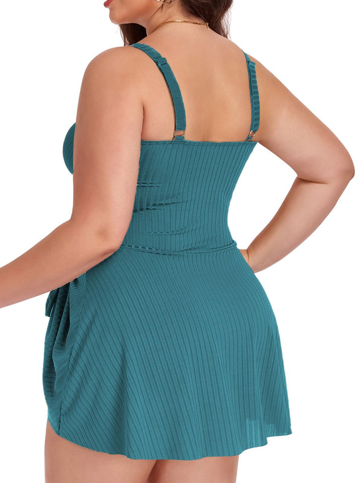 [Plus Size] 1930s Color Block Ribbed One-Piece Swimsuit