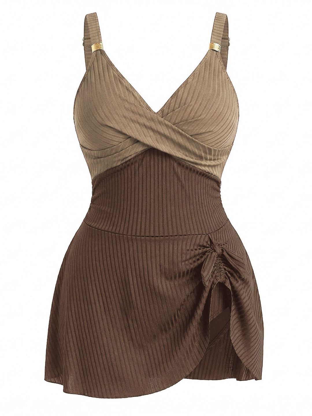 [Plus Size] 1930s Color Block Ribbed One-Piece Swimsuit