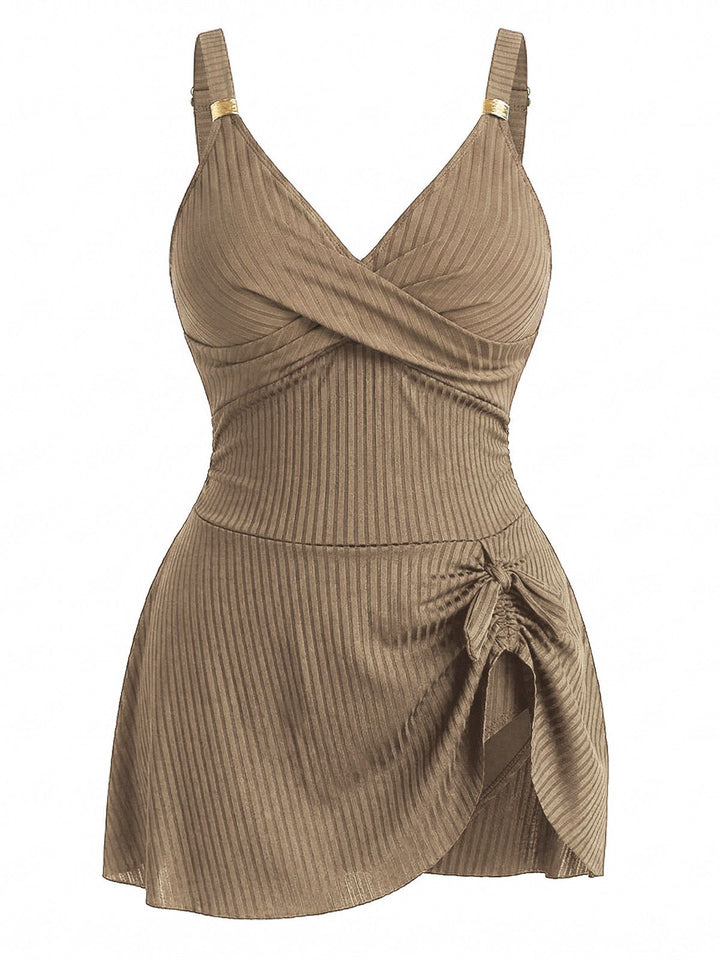[Plus Size] 1930s Color Block Ribbed One-Piece Swimsuit
