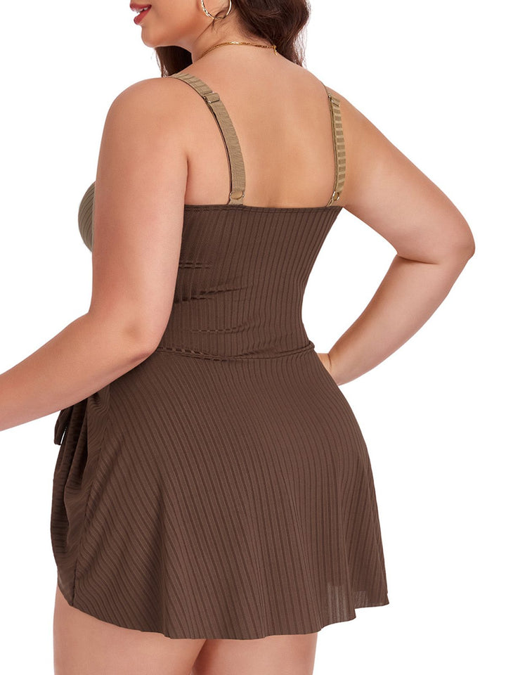 [Plus Size] 1930s Color Block Ribbed One-Piece Swimsuit