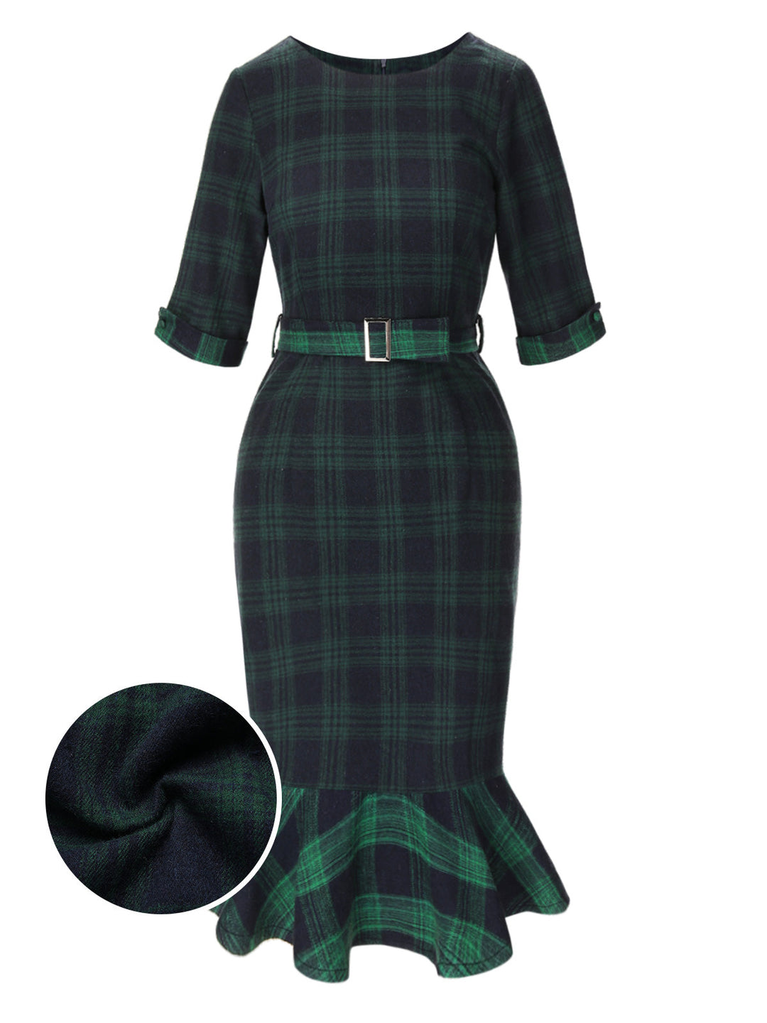She slips into this 1930s Crew Neck Tartan Plaid Belted Mermaid Dress and suddenly it&