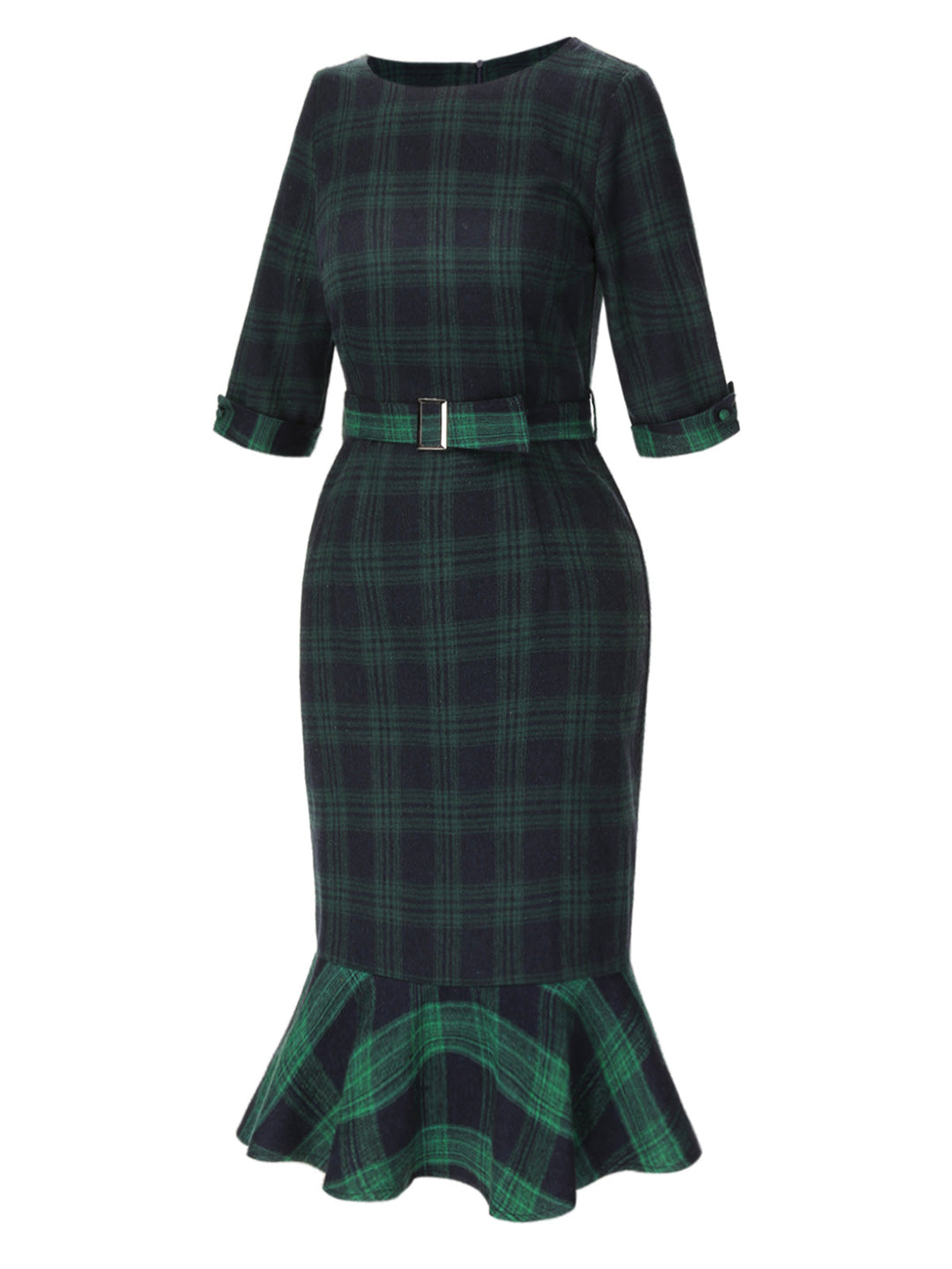 This 1930s Crew Neck Tartan Plaid Belted Mermaid Dress wraps her in 1930s elegance, one twirl at a time