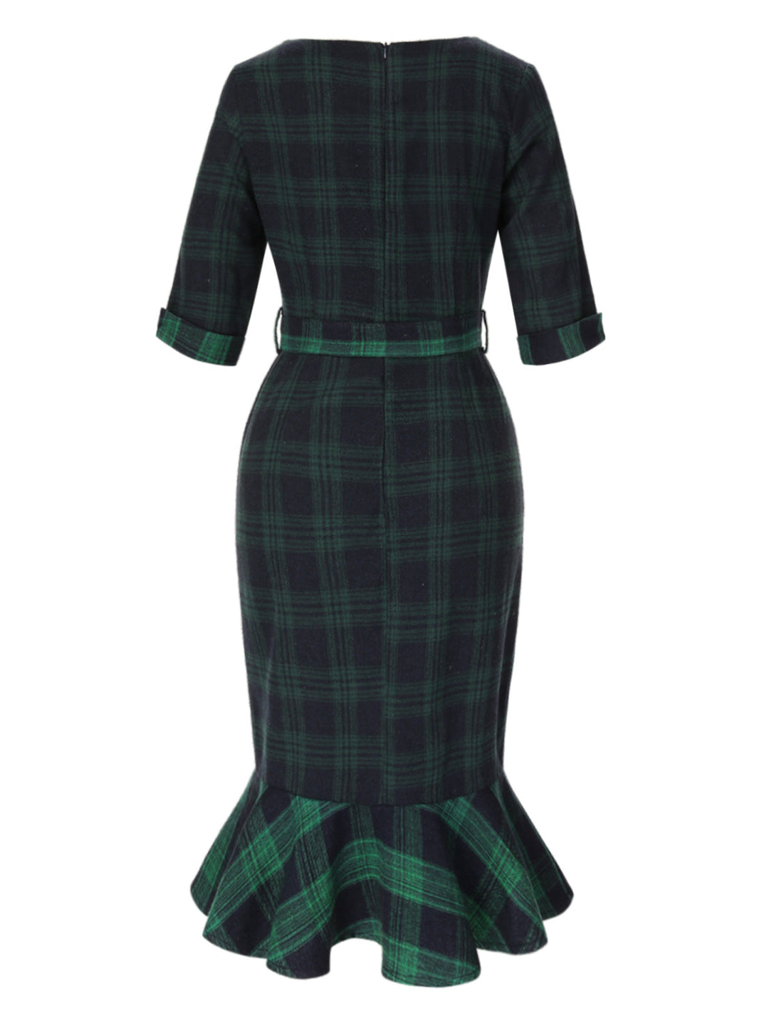 1930s Crew Neck Tartan Plaid Belted Mermaid Dress — the kind of 1930s dress that makes strangers smile