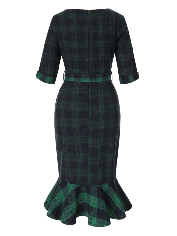 1930s Crew Neck Tartan Plaid Belted Mermaid Dress — the kind of 1930s dress that makes strangers smile