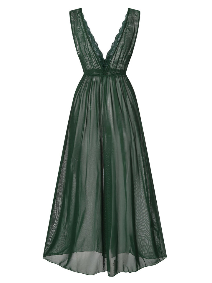 View 12: Deep V-Neck Lace Mesh Nightgown, perfect for retro themed parties, vintage fashion enthusiasts and special occasions
