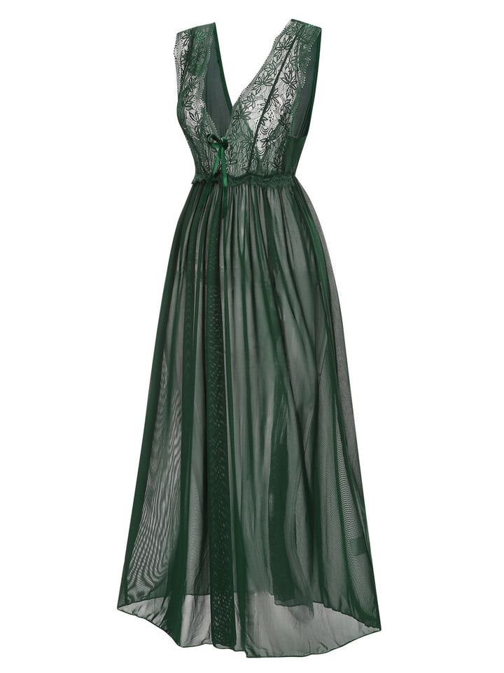 View 13: Deep V-Neck Lace Mesh Nightgown, perfect for retro themed parties, vintage fashion enthusiasts and special occasions