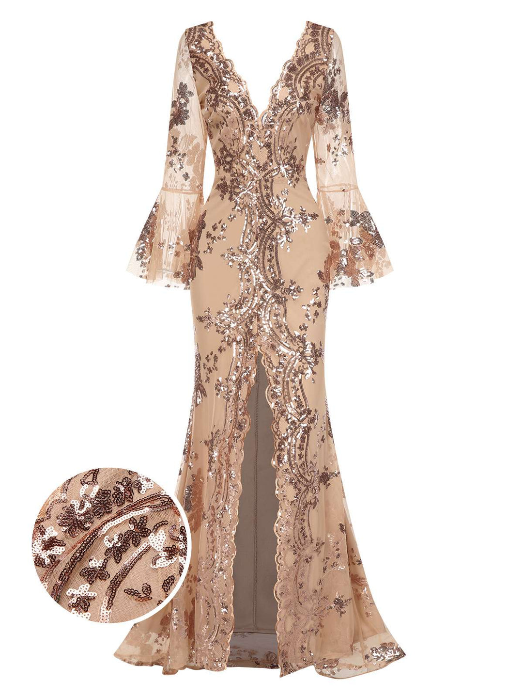 View 8: 1930s 1930s Deep V-Neck Mesh Sequined Maxi