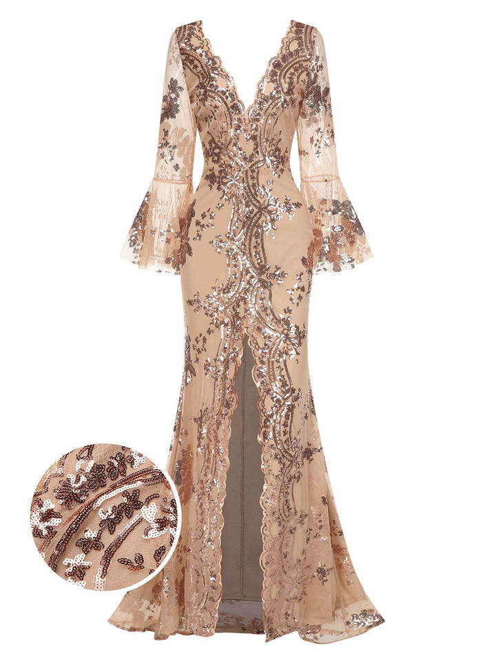 View 8: 1930s 1930s Deep V-Neck Mesh Sequined Maxi
