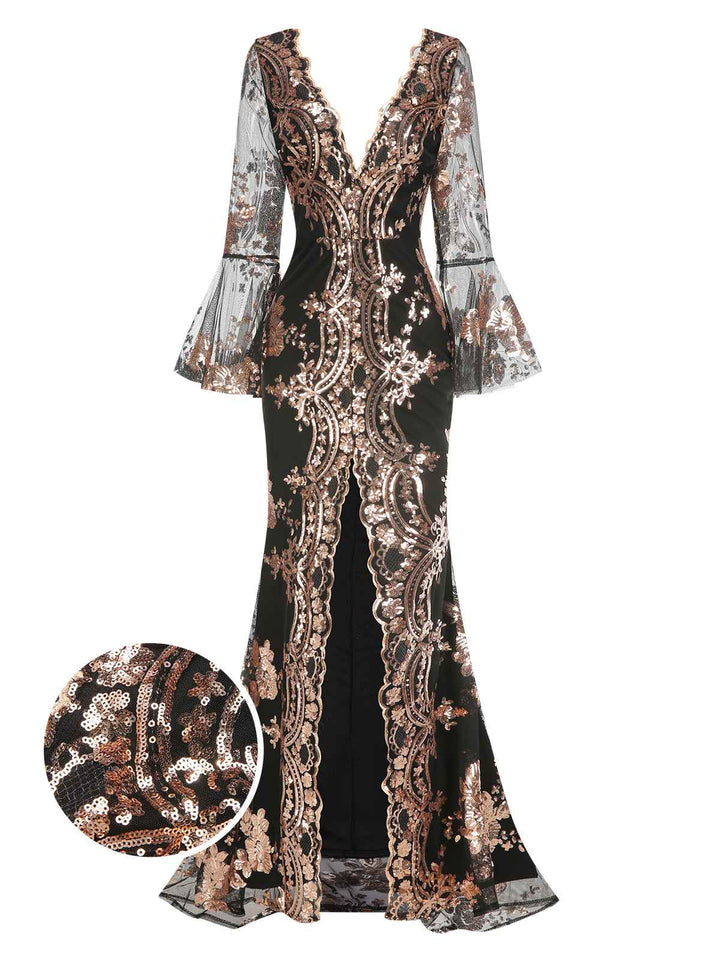 Front view: 1930s 1930s Deep V-Neck Mesh Sequined