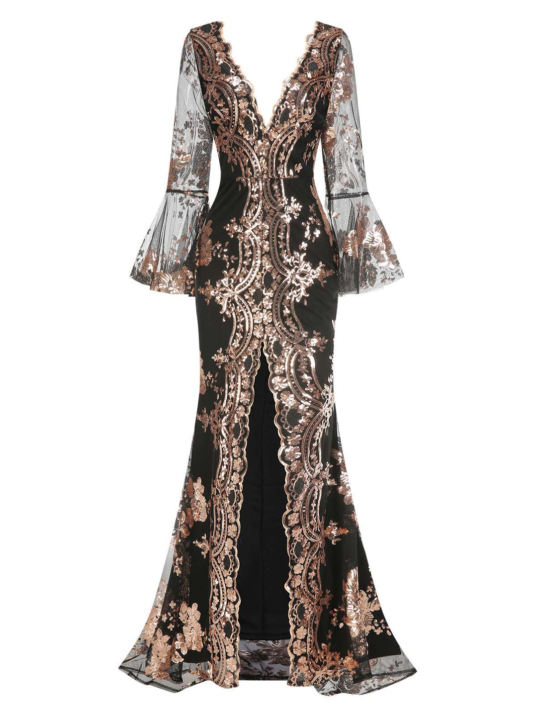 Side view: 1930s 1930s Deep V-Neck Mesh Sequined M