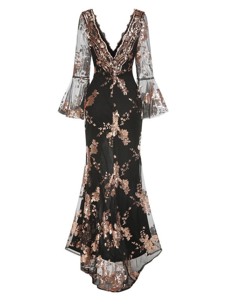 Back view: 1930s 1930s Deep V-Neck Mesh Sequined M