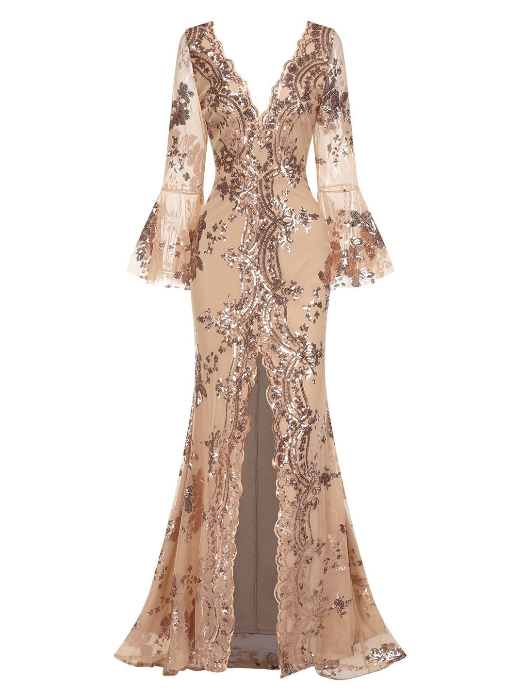 1930s Deep V-Neck Mesh Sequined Maxi Dress: where 1930s romance meets her modern spirit