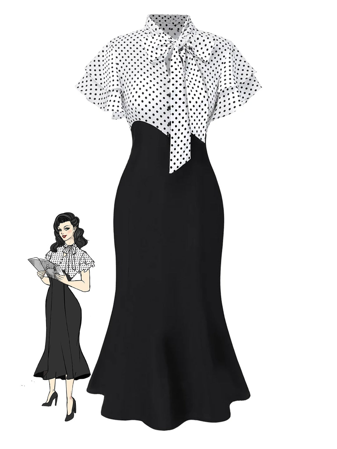 This 1930s Dots Tie Neck Mermaid Dress wraps her in 1930s elegance, one twirl at a time