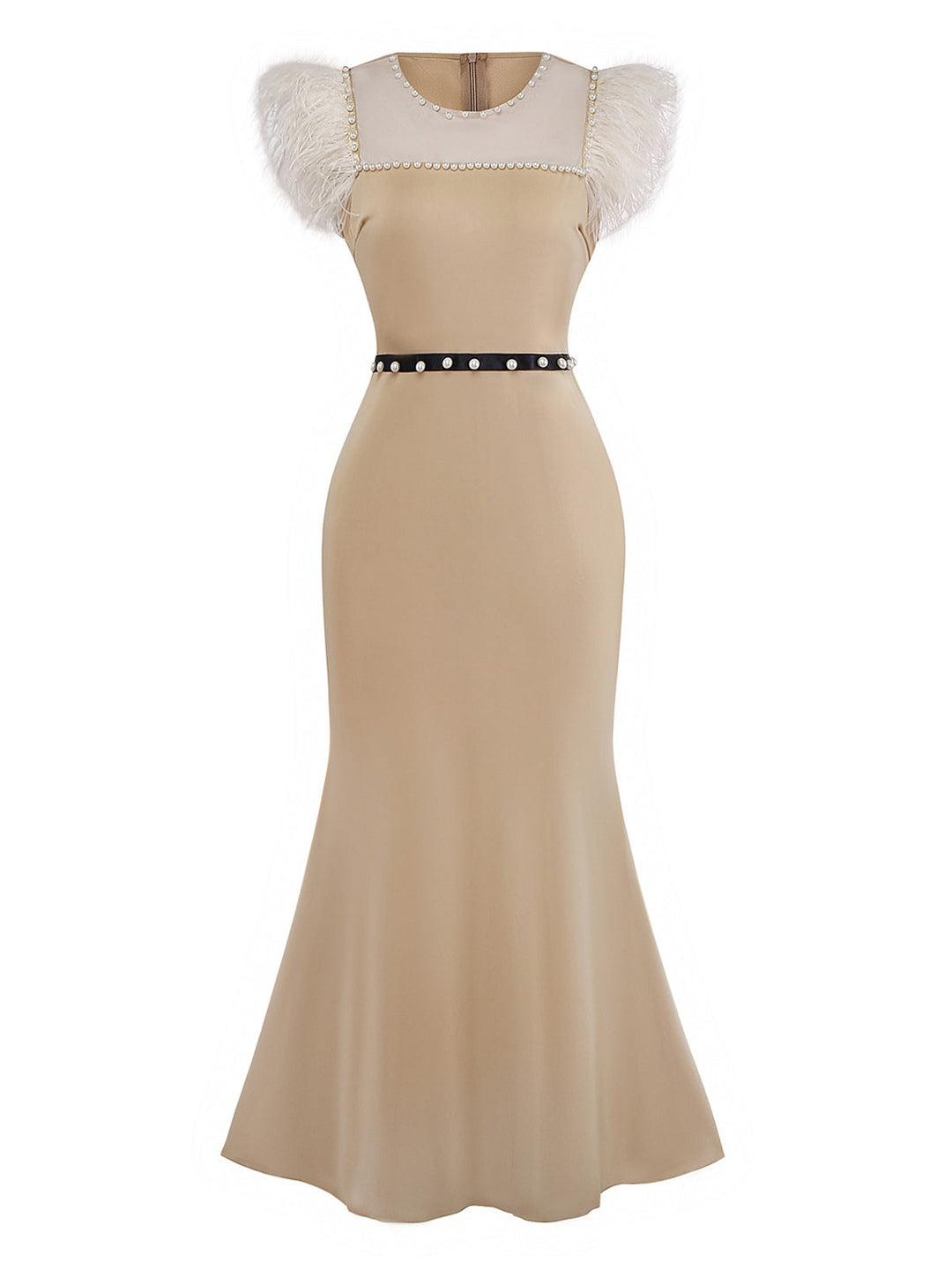 Beige 1930s Beaded &amp; Feather Patchwork Mermaid Dress - vintage dress, retro fashion