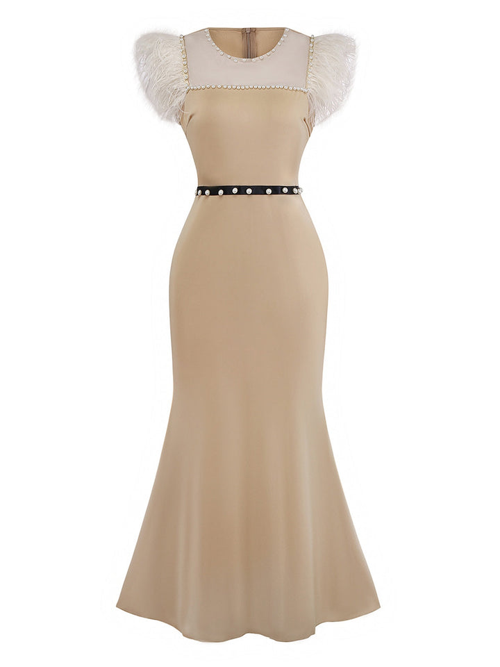 Beige 1930s Beaded &amp; Feather Patchwork Mermaid Dress - vintage dress, retro fashion
