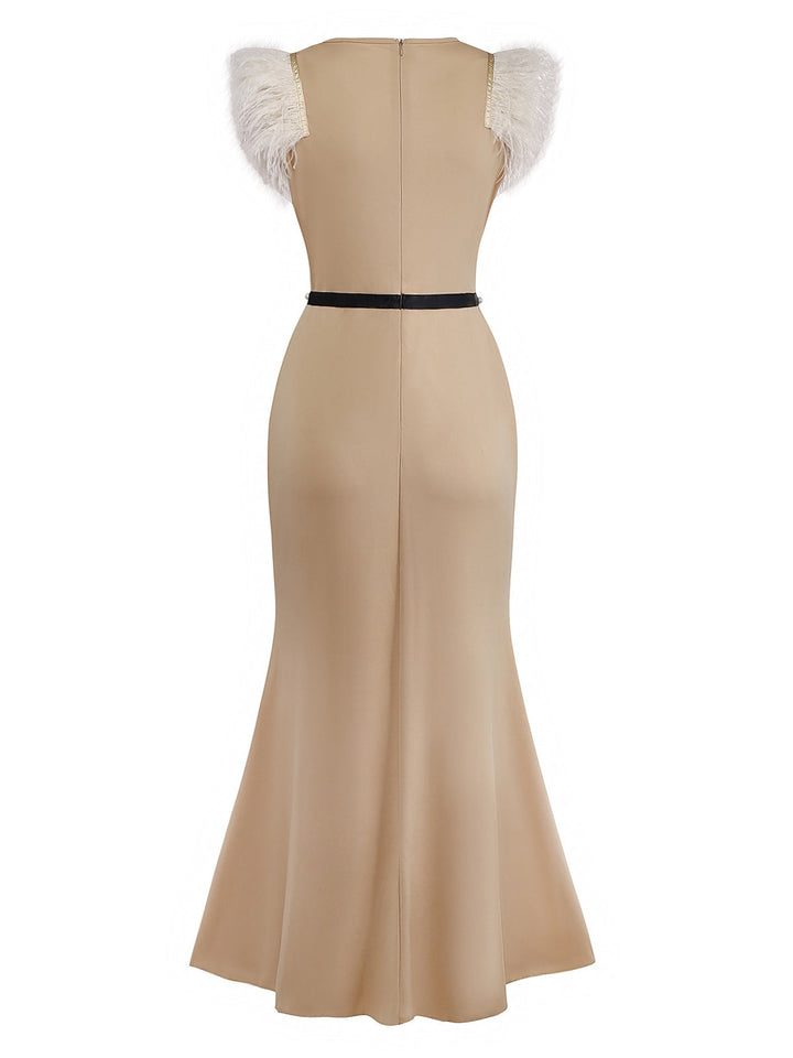 Beige 1930s Beaded &amp; Feather Patchwork Mermaid Dress - vintage dress, retro fashion