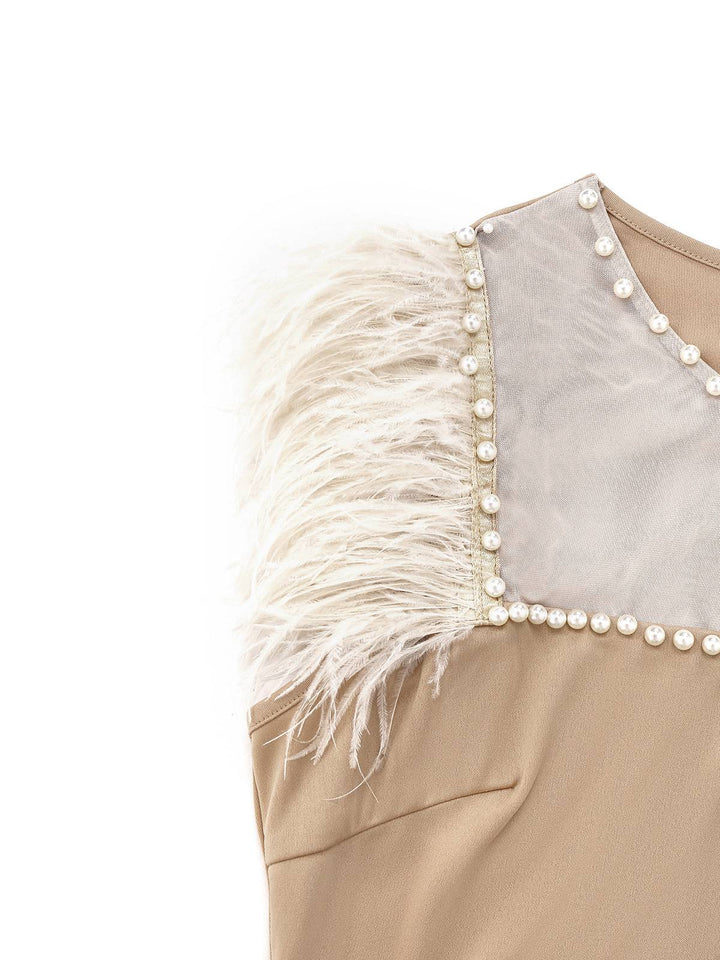 Beige 1930s Beaded &amp; Feather Patchwork Mermaid Dress - vintage dress, retro fashion