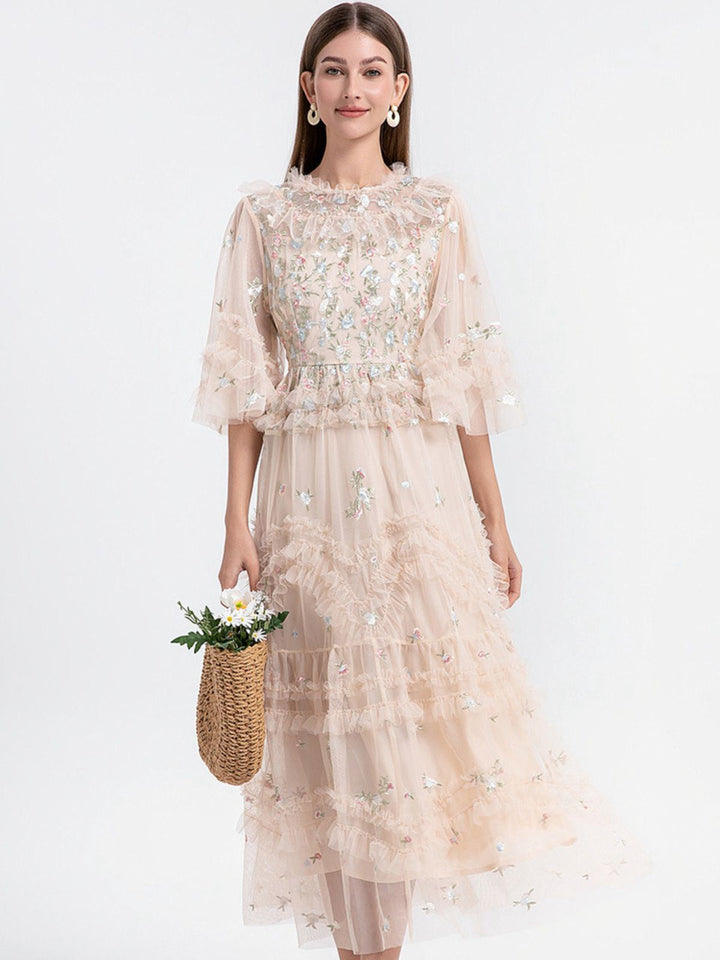 Beige 1930s Floral Embroidery Illusion Mesh Ruffled Dress - vintage dress, retro fashion