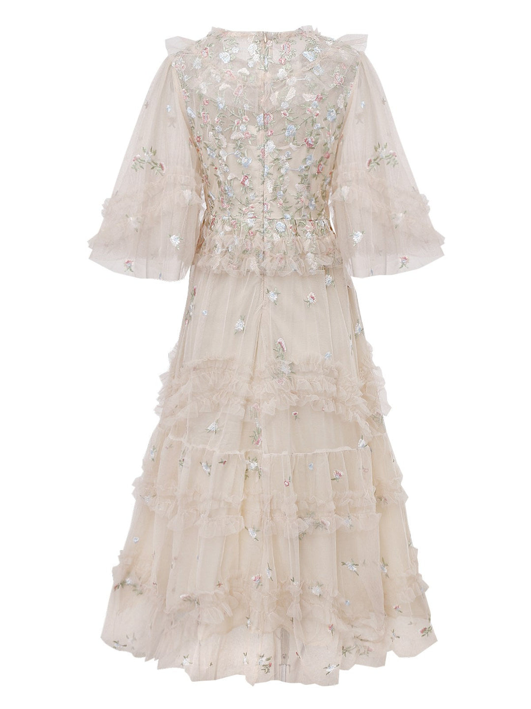 Beige 1930s Floral Embroidery Illusion Mesh Ruffled Dress - vintage dress, retro fashion