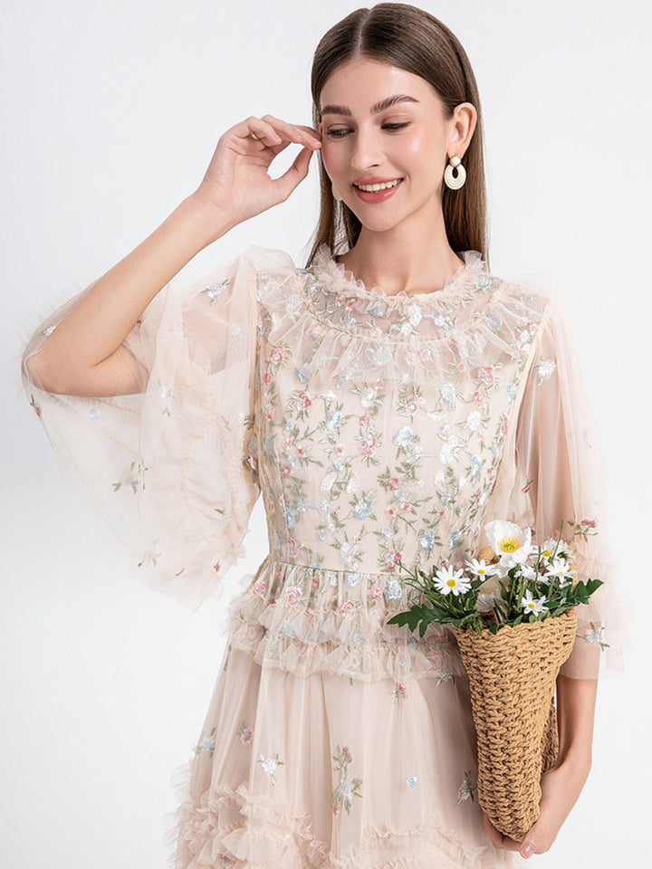 Beige 1930s Floral Embroidery Illusion Mesh Ruffled Dress - vintage dress, retro fashion