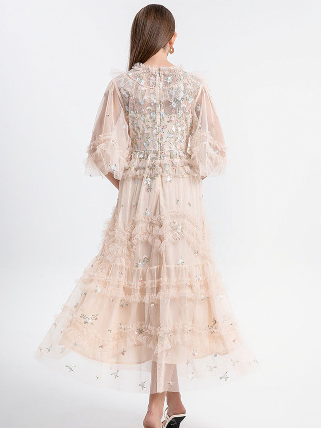 Beige 1930s Floral Embroidery Illusion Mesh Ruffled Dress - vintage dress, retro fashion