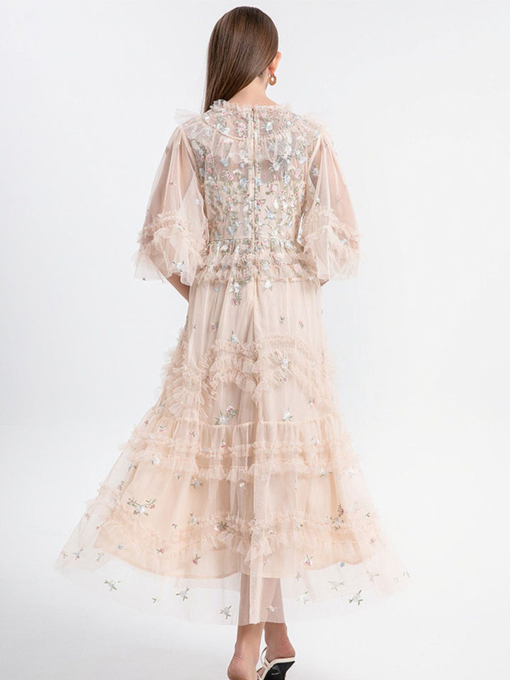 Beige 1930s Floral Embroidery Illusion Mesh Ruffled Dress - vintage dress, retro fashion