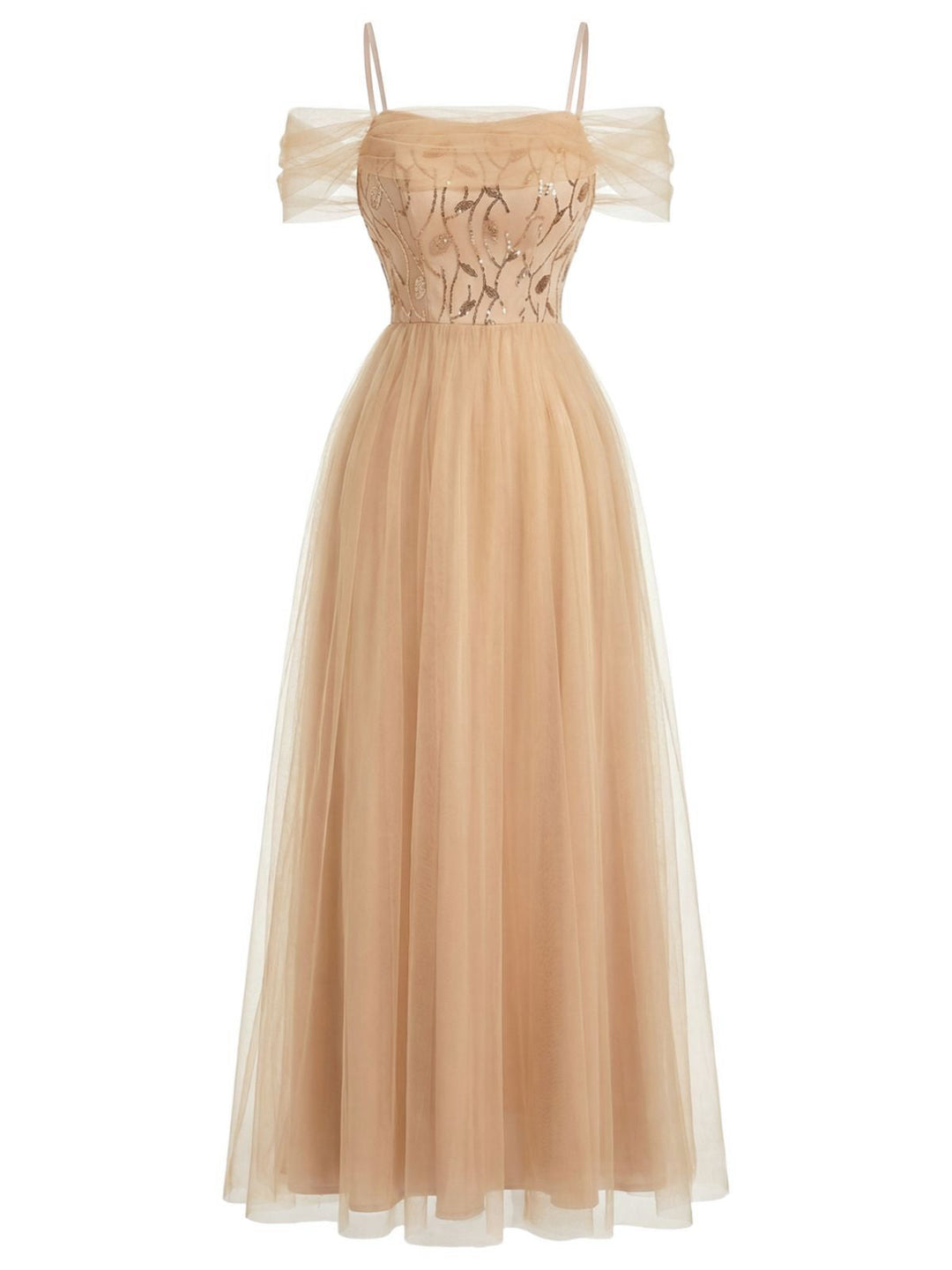 Beige 1930s Sequin Mesh Patchwork Cold-Shoulder Dress - vintage dress, retro fashion