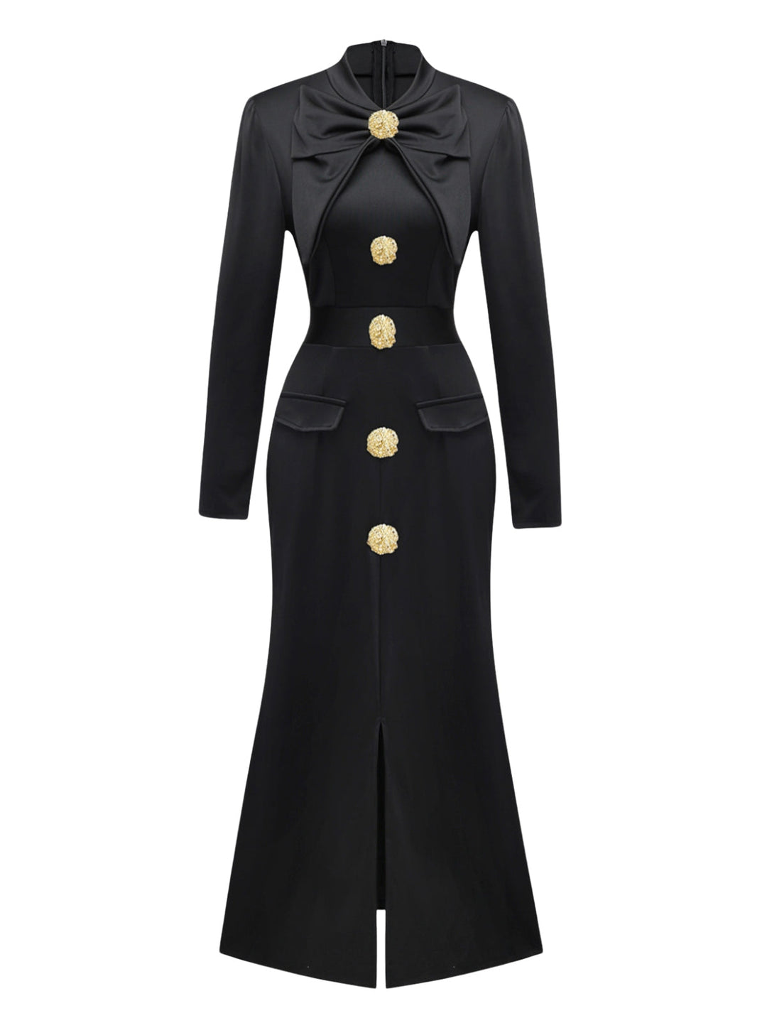 Black 1930s Bow Collar Metal Button Front Slit Dress - vintage dress, retro fashion, classic black