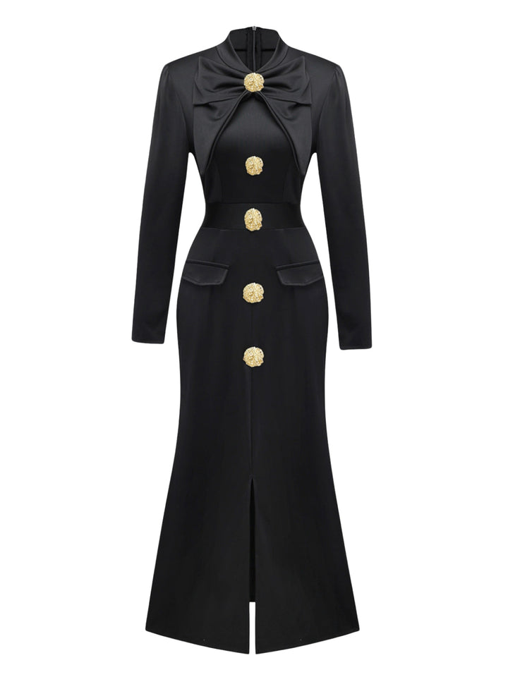 Black 1930s Bow Collar Metal Button Front Slit Dress - vintage dress, retro fashion, classic black