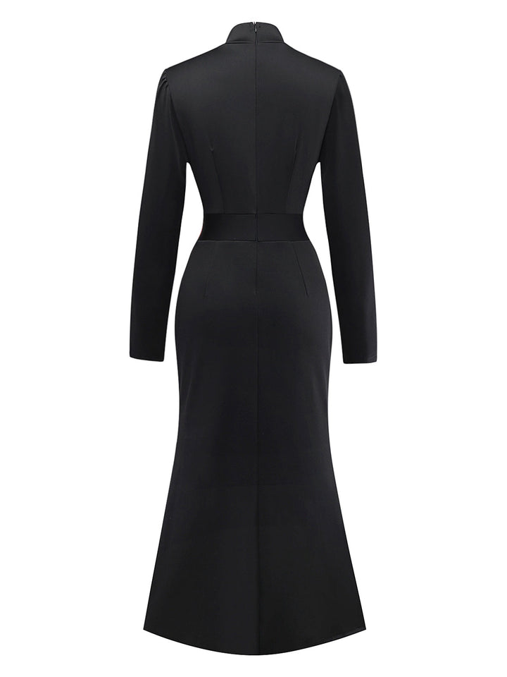 Black 1930s Bow Collar Metal Button Front Slit Dress - vintage dress, retro fashion, classic black